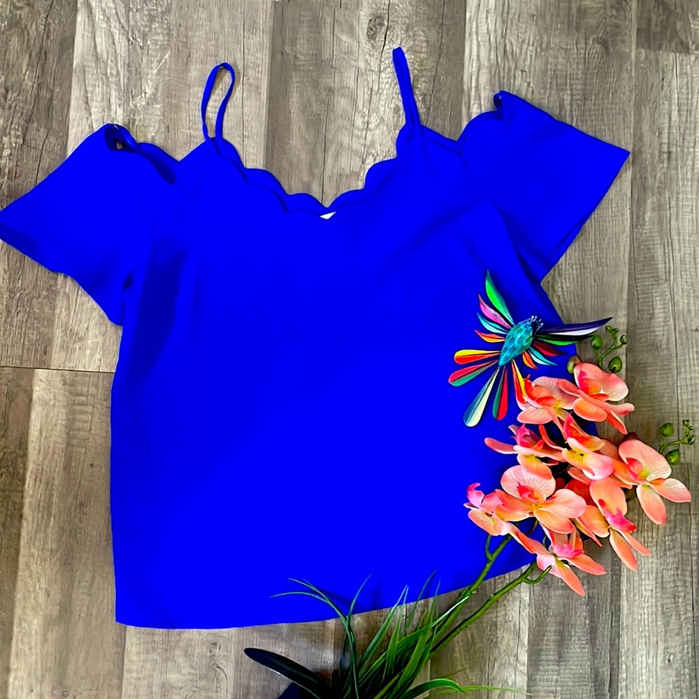 Royal blue, off shoulder blouse.